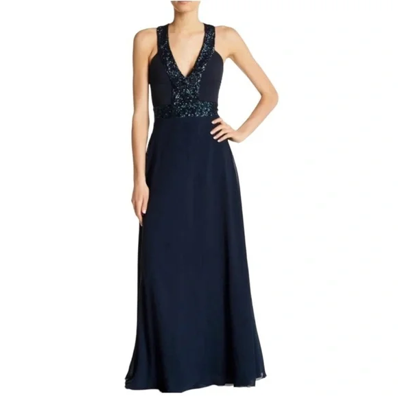Dress The Population Delani Blue Sequin Trim Gown Maxi Cocktail Dress Women XS - Picture 2 of 13